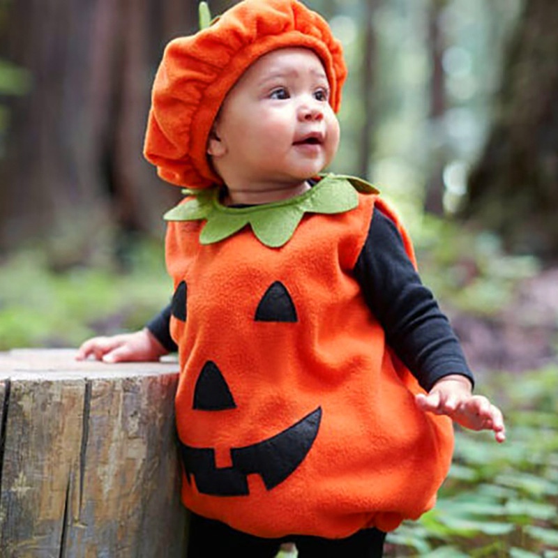 Bộ Nón + Áo Liền Quần Không Tay Hình Bí Ngô Chủ Đề Halloween Cho Bé Sơ Sinh