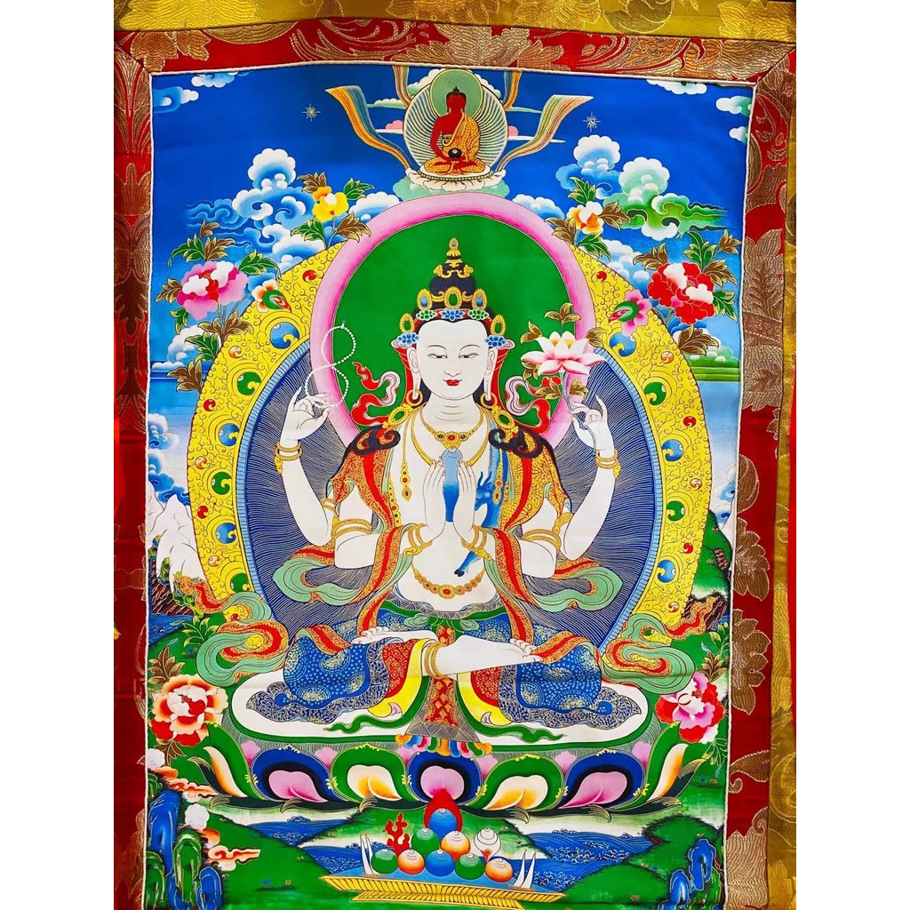 Tranh Thangka gấm xanh song long 1.35m