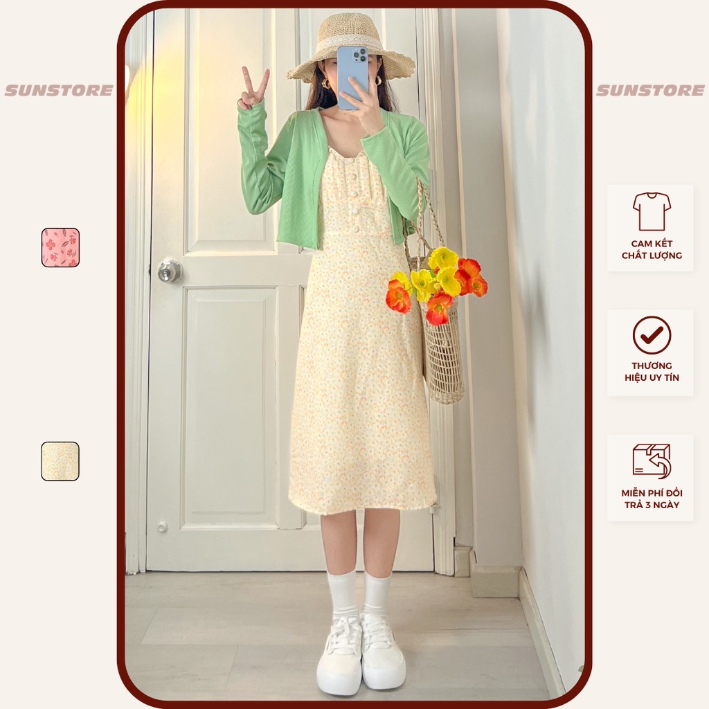 Set đầm 2s hoa có sẵn mút ngực viền bèo kèm áo khoác croptop 2 màu