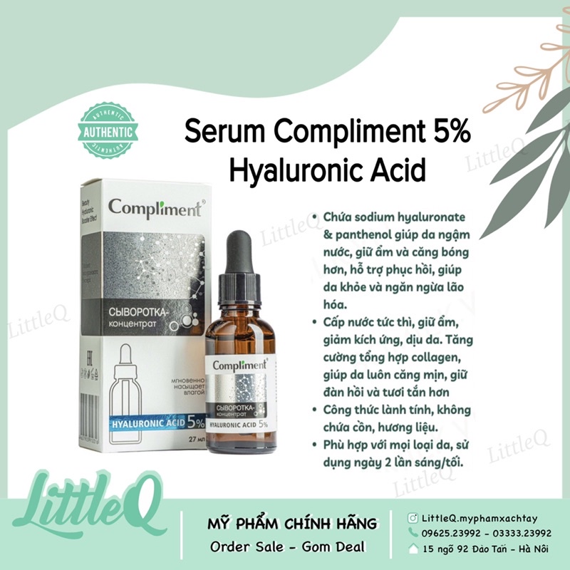 Serum Compliment 5% Hyaluronic Acid Cấp ẩm , Tái tạo, Cải thiện da lão hóa