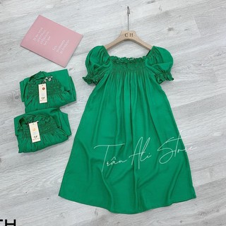 váy tay bo chun ngực màu xanh dáng babydoll