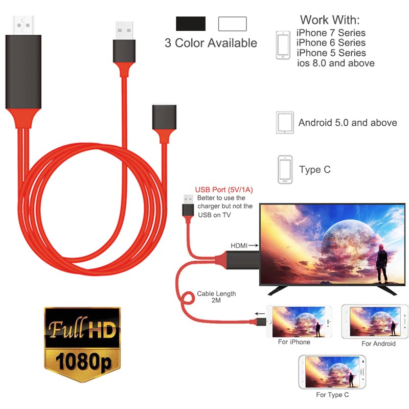 Dây Cáp Chuyển Đổi 1m Mhl Sang Hdmi 1080p Mhl Micro Usb Sang Hdmi Cho Ios / Android Samsung