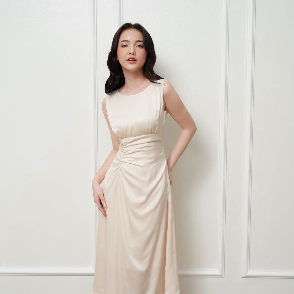 Váy công sở liền dáng dài, đầm lụa trơn sát nách cổ tròn Hàn Quốc (2 bản ngắn-dài phù hợp) Elegant L.VA0-01 - jisilk | BigBuy360 - bigbuy360.vn