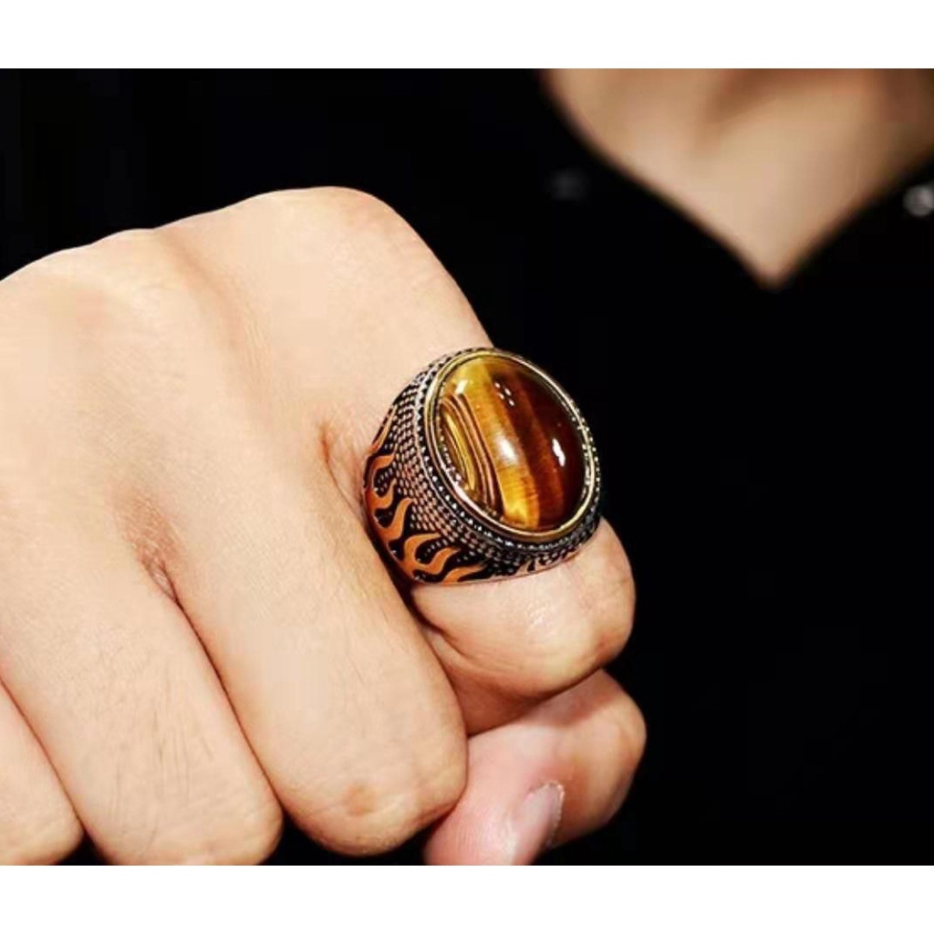 Nhẫn kim loại đính đá mắt hổ nhân tạo phong cách Âu Mỹ mới sang trọng cho nam và nữ