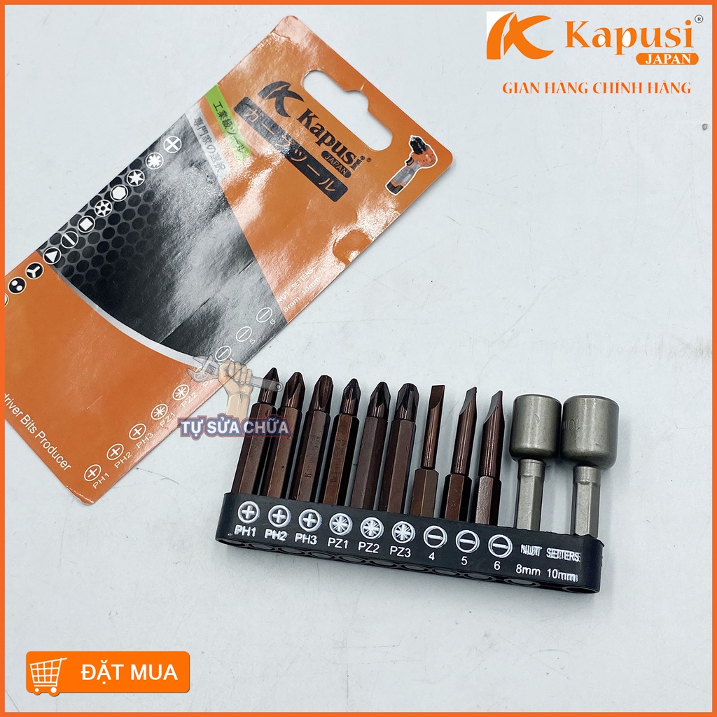 Bộ mũi vít cho máy khoan đầy đủ các loại mũi vít dẹt,bake, sao, đầu chụp chuôi lục giác thép S2 chính hãng Kapusi siêu b
