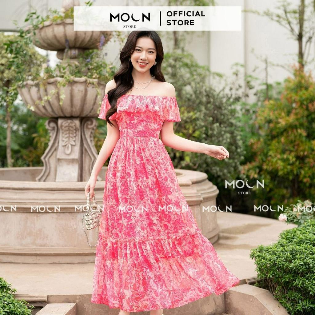 Váy dài nữ công sở 𝐌𝐎𝐎𝐍 liền thân vai trễ, đầm xòe thiết kế thắt eo dáng dài sang chảnh chất tơ họa tiết cao cấp MV248 M