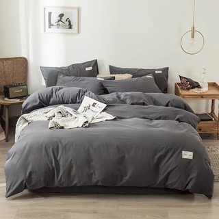 Trọn Bộ 4 Món Chăn Ga Giường Cotton TC Cao Cấp Màu GHI THAN  - Phong Cách Hàn Quốc