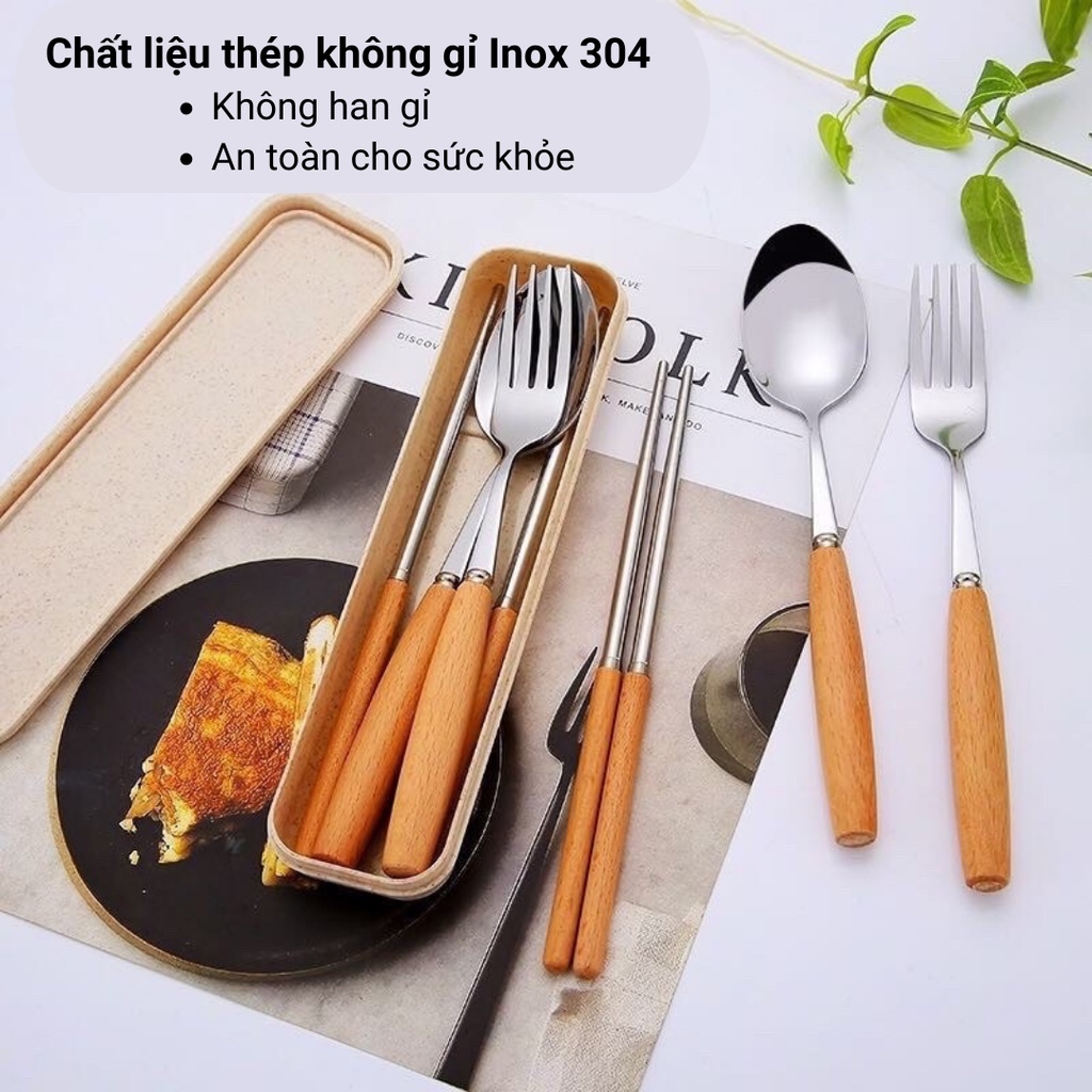 Bộ thìa đũa dĩa inox cán gỗ sồi, có hộp đựng bằng nhựa sinh học dùng cho văn phòng ,cá nhân, gia đình tiện dụng