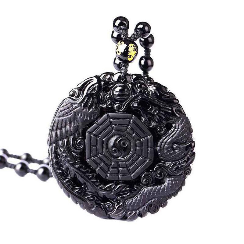 Vòng cổ Đá Obsidian Tự Nhiên Khắc Hình Rồng Và Phượng Hoàng Độc Đáo N7U4