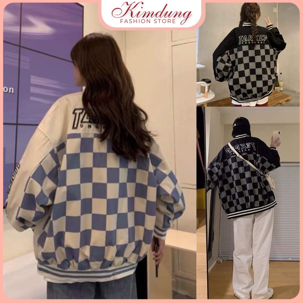 Áo bomber nữ form rộng kẻ caro tay to bồng áo khoác ngoài nữ bomber Bomber TAKKEP phong cách unisex mặc đi chơi