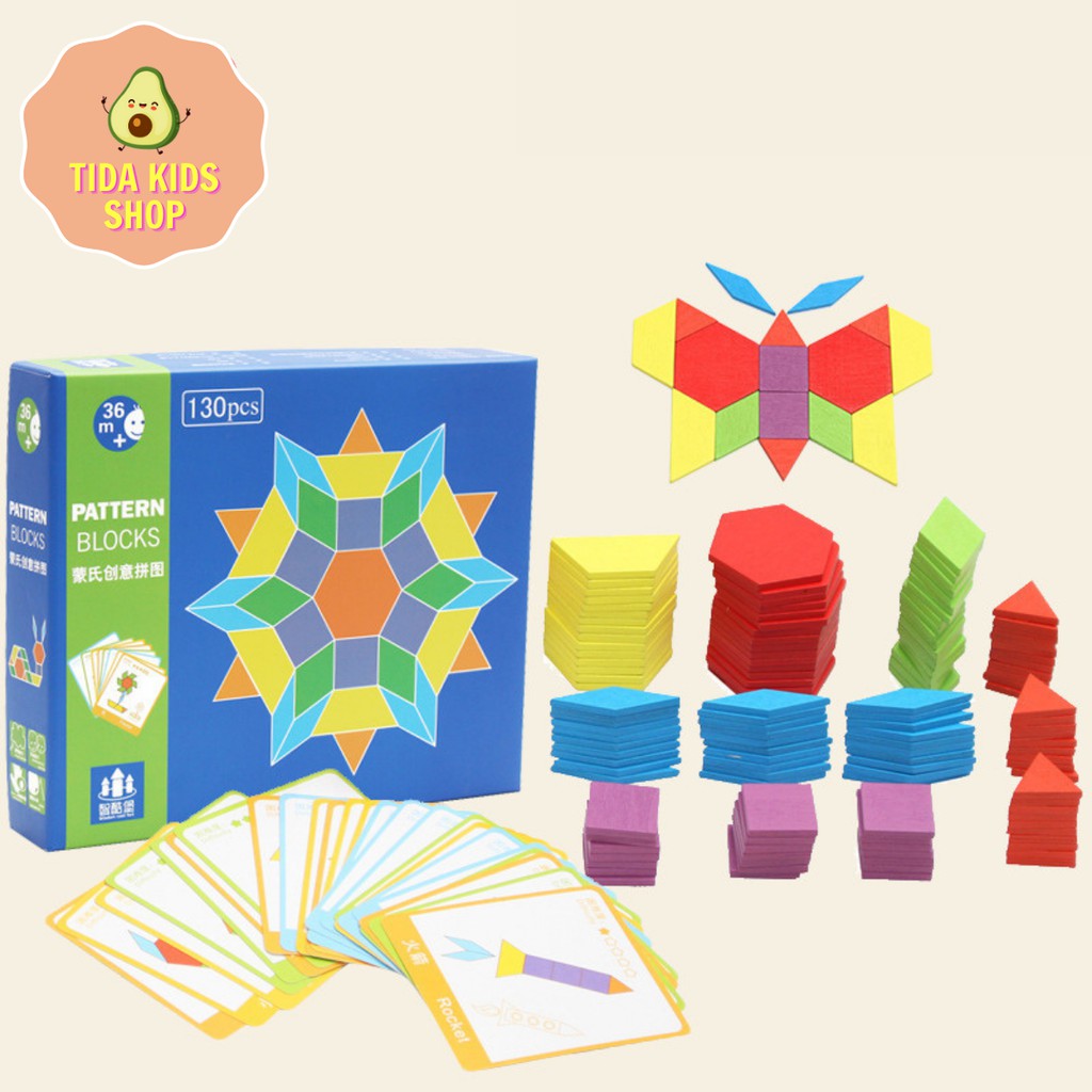 Đồ Chơi Xếp Hình ❤️ Freeship ❤️ Giá Tốt ❤️ Ghép Hình Puzzle Pattern Blocks 130 Miếng Ghép + 24 Thẻ ❤️ TiDa Kids Shop