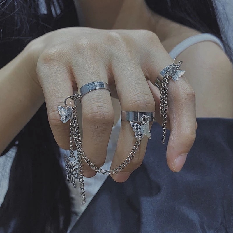 Nhẫn Nhiều Lớp Hình Cánh Bướm Dây Xích Phong Cách Punk Thời Trang Cho Nữ