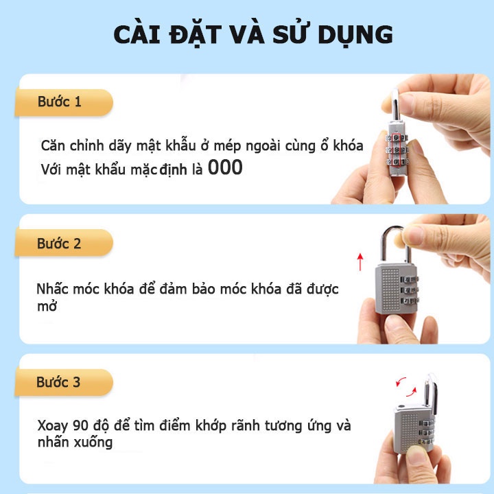 Ổ khóa inox 3 số dùng bảo vệ hành lý, vali, balo bền tiện dụng an toàn