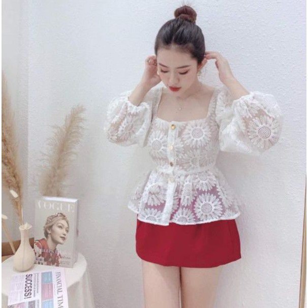 ÁO REN HOA CÚC CỔ VUÔNG BO EO‼️