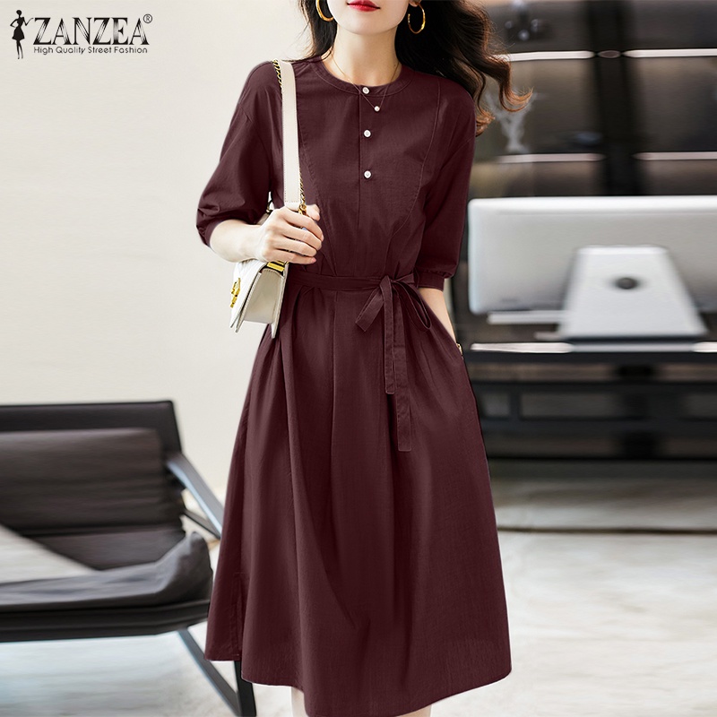 Đầm dài Zanzea thiết kế nút cài phía trước có túi và thắt lưng thời trang cho nữ