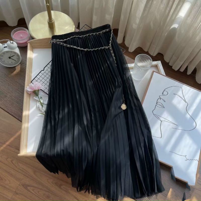 Chân váy von xoè dáng dài midi kèm đai dây xích hàng quảng châu