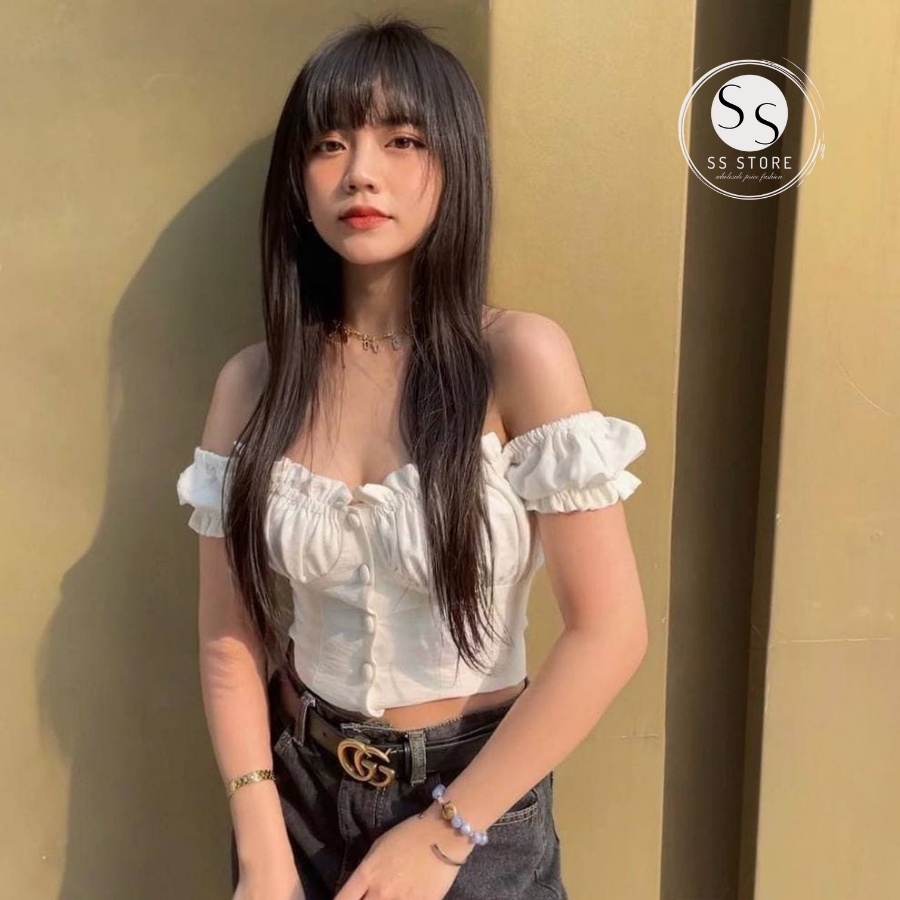 Áo Croptop Nhún Ngực Nút Bọc AMO (TRẮNG)