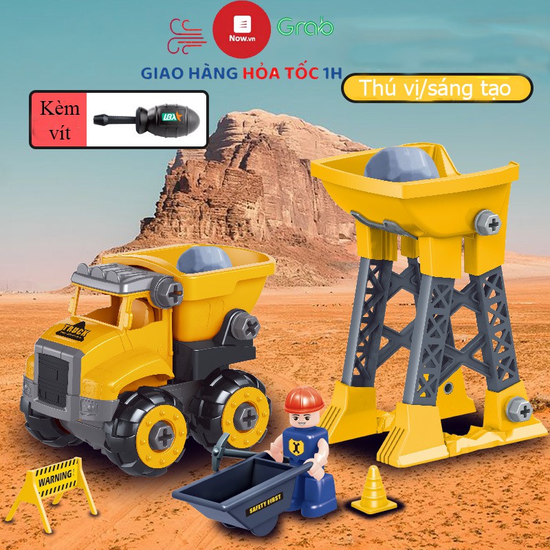 Đồ chơi lắp ghép xe tải kèm nhiều chi tiết công nhân, bồn đá, sticker kích thước lớn