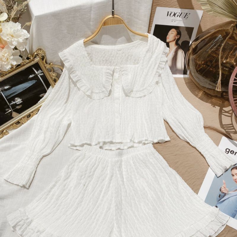 Sỉ 175💚 SET ÁO BBD TRẮNG CỔ BÈO + SHORT LAI BÈO 💚