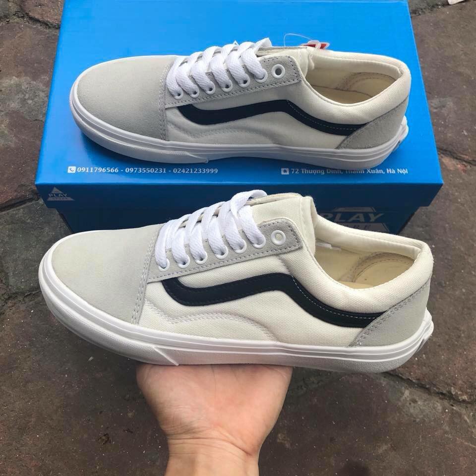 Giày thể thao old skool trắng vạch đen,mũi xám, sneaker nam nữ thấp cổ buộc dây, chất liệu vải canvas, mũi và gót da lộn