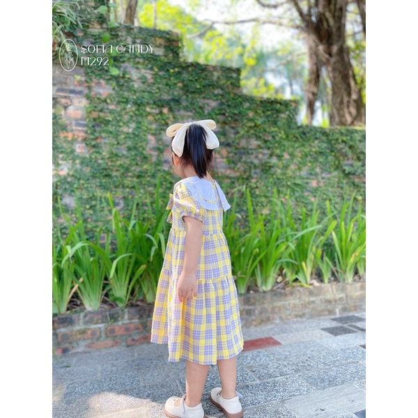 Váy bé gái chất cotton, đầm bé gái size 1-12 tuổi, đầm trẻ em màu vàng kẻ