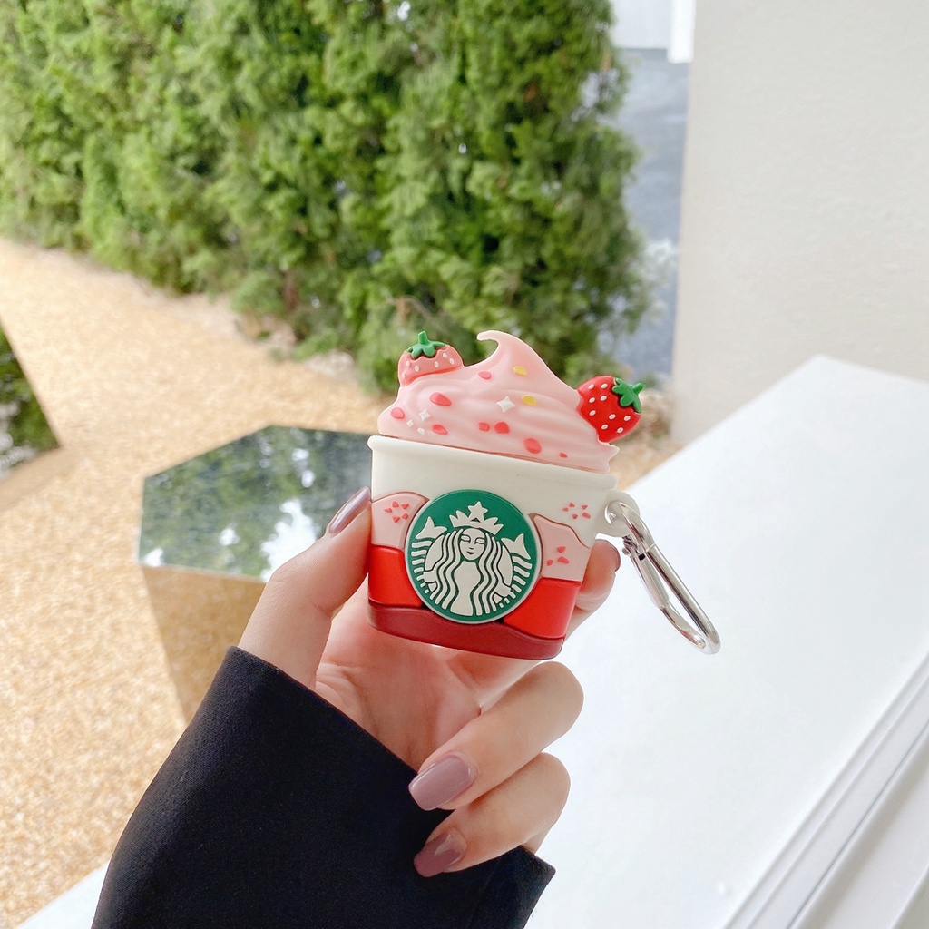 Vỏ Bảo Vệ Hộp Sạc Tai Nghe Airpods 1 2 3 Pro bluetooth Không Dây Bằng Silicon Hình Ly Kem Dâu starbucks