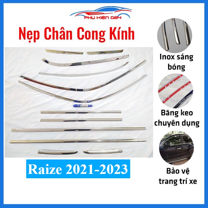 Bộ nẹp viền chân kính cong kính Raize 2021-2022-2023 Inox sáng bóng chuẩn form xe