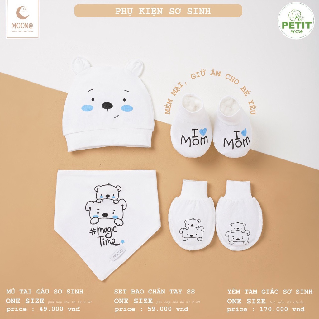 Moon chính hãng - Set phụ kiện sơ sinh Bao Tay, Bao Chân Mũ chất liệu Petit Siêu Mềm, Mịn