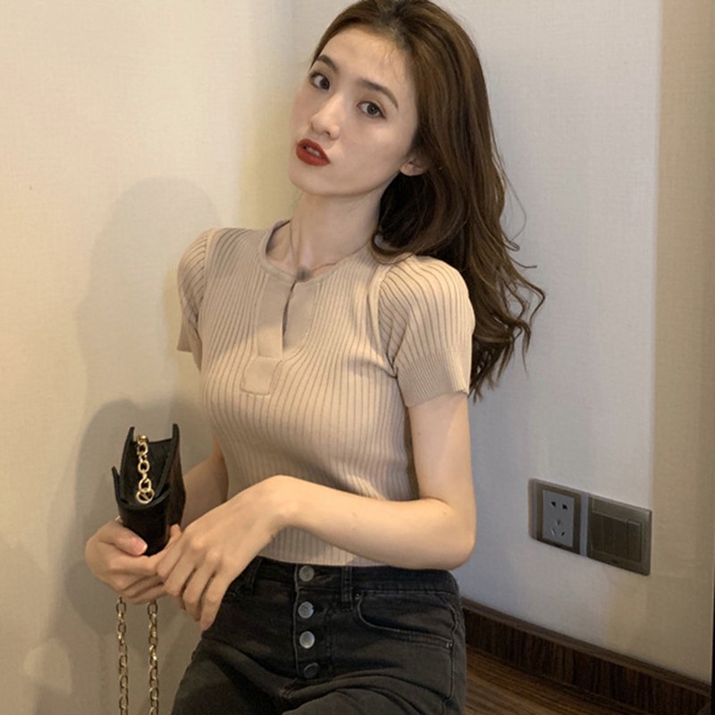 Áo thun tay ngắn dệt kim cổ chữ V màu trơn thiết kế đơn giản phong cách Hàn Quốc