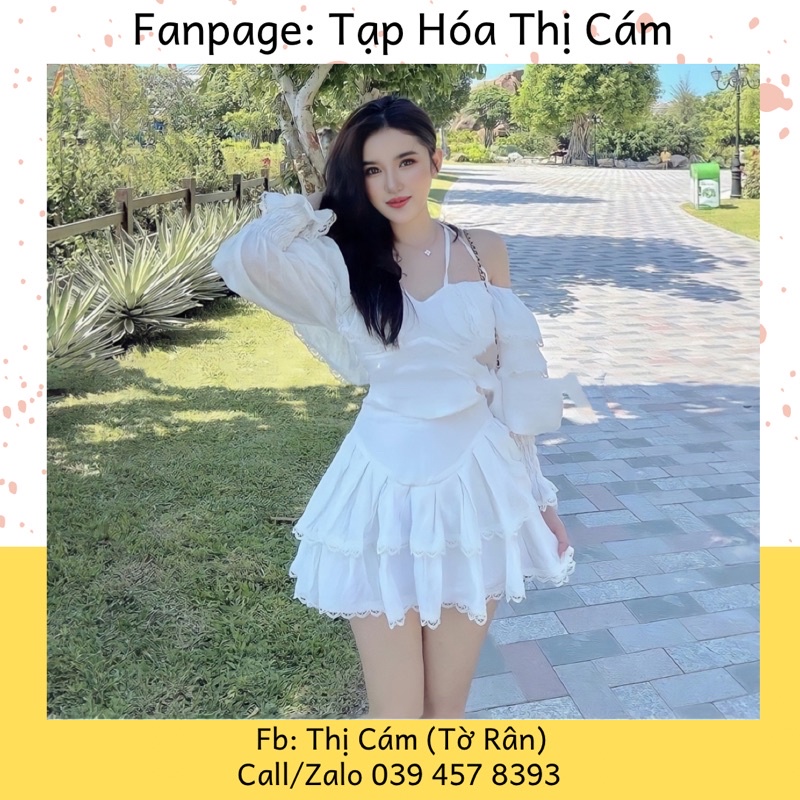 Set áo trễ vai & chân váy xếp tầng thời trang