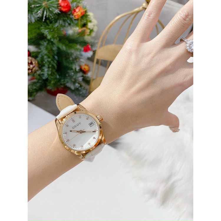 Đồng hồ nữ đeo tay dây da Guou viền mạ vàng chính hãng chống nước tuyệt đối