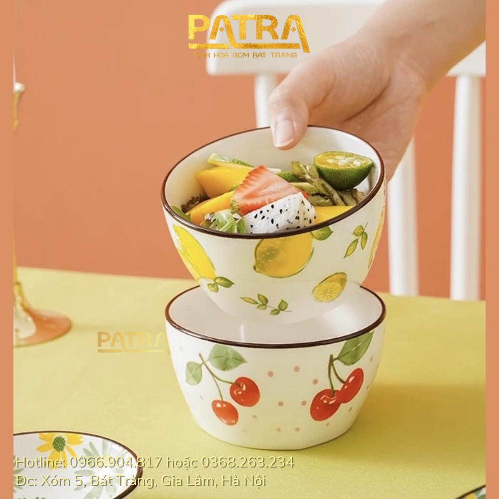 Bát ăn cơm, chén ăn cơm sứ hình trụ họa tiết hoa quả trái cây decor phong cách Hàn Quốc