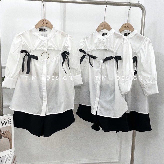 Áo sơ mi nữ khoét ngực sexy, Sơ mi kiểu tay ngắn đính nơ tay bồng tiểu thư cực xinh M83 | BigBuy360 - bigbuy360.vn
