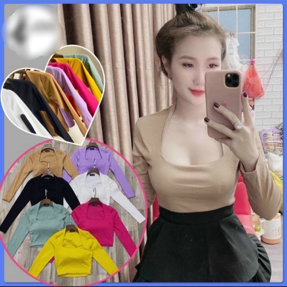 Áo cổ chữ U croptop tay dài có mút chất bozip