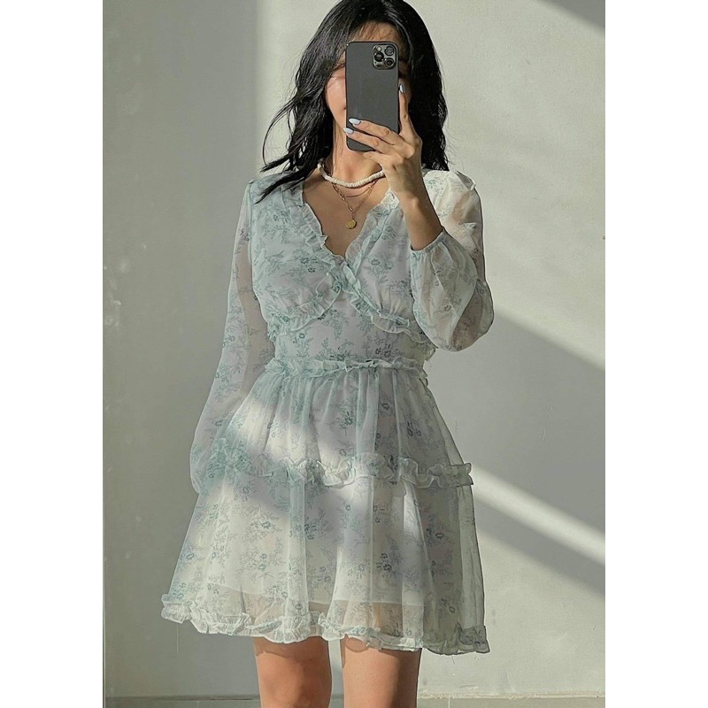 LEMONCHICVN - Đầm hở lưng tùng xoè hoạ tiết viền xanh - D194