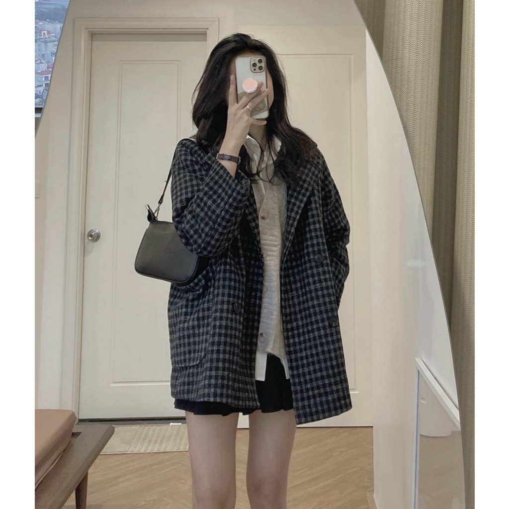 Áo khoác dạ nữ kẻ sọc cổ vest túi trước, Áo khoác dạ nữ hot trend, áo khoác dạ phom rộng