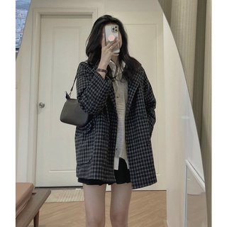 Áo khoác dạ nữ kẻ sọc cổ vest túi trước, Áo khoác dạ nữ hot trend, áo khoác dạ phom rộng