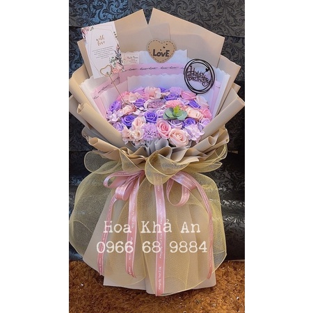 Bó hoa sáp mix cao cấp siêu xịn nhà Khả An. KT: 80cmx50cm. Tặng thiệp +chữ Hpbd
