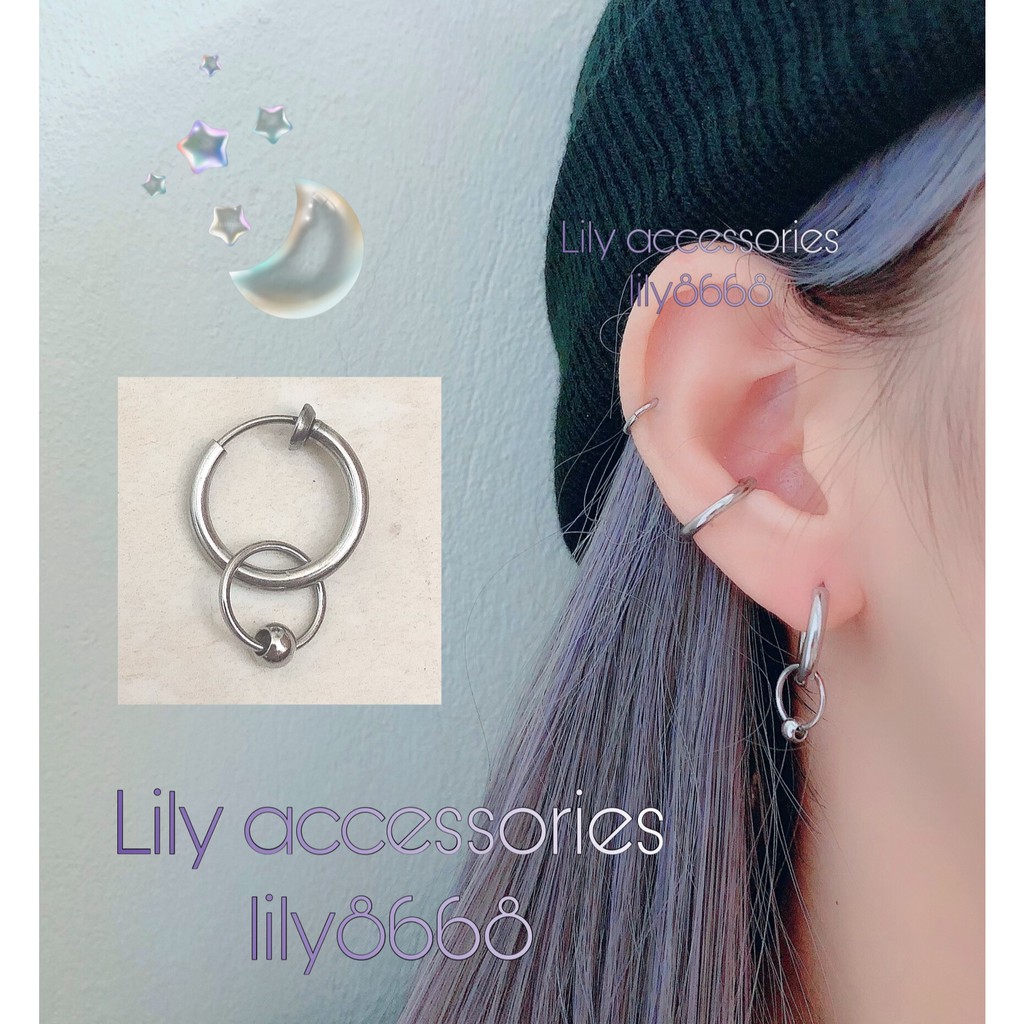 Double Hoop Earcuff With Ball kẹp tai titan 2 vòng phối bi không gỉ không đen không dị ứng cho nam nữ