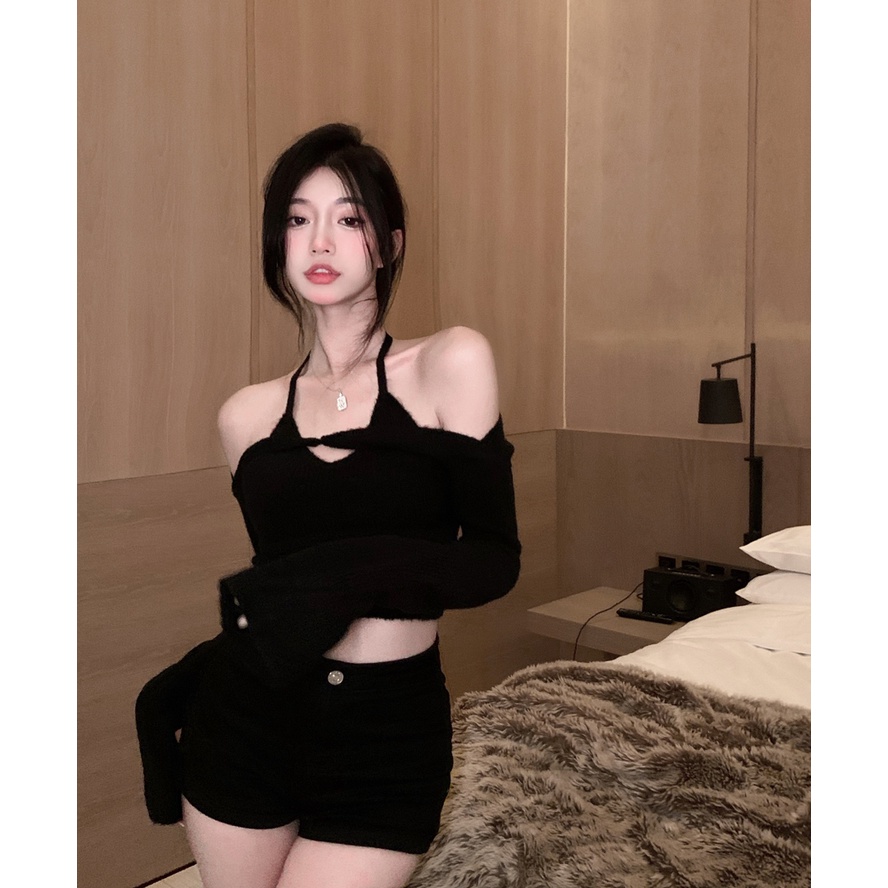 Set áo dệt kim 2 mảnh ZHELIHANGFEI cổ ngang hở vai eo cao gợi cảm