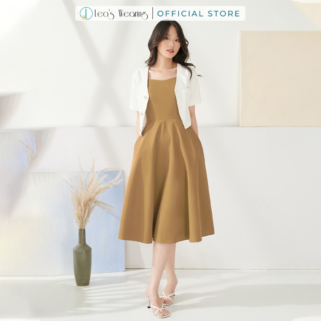 Váy 2 Dây Bản To dáng Xòe Mix Áo Khoác Vest Lửng Croptop LEOSWEARING N43