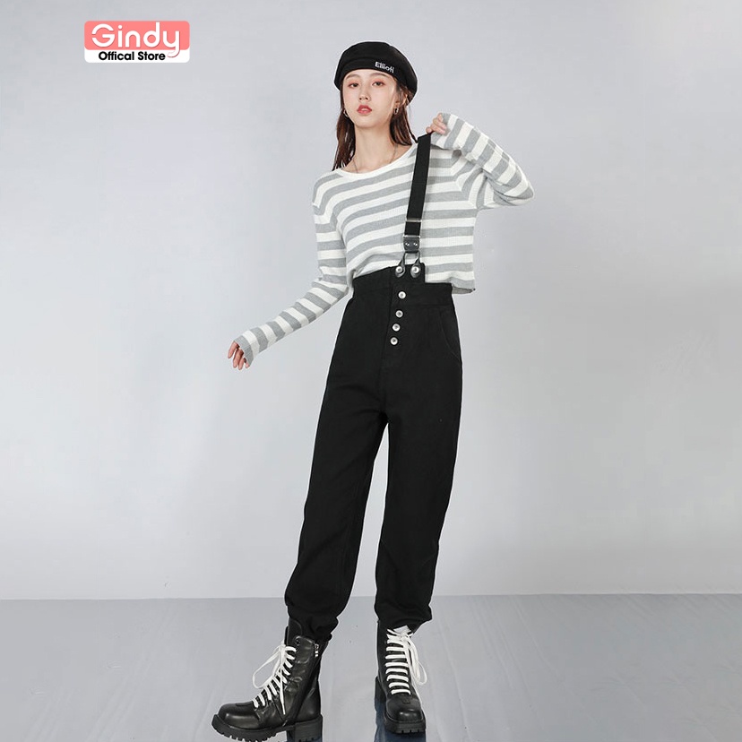 Quần yếm kaki nữ FORM RỘNG GINDY ống rộng dáng suông dây chéo thời trang cá tính style Hàn Quốc Q008