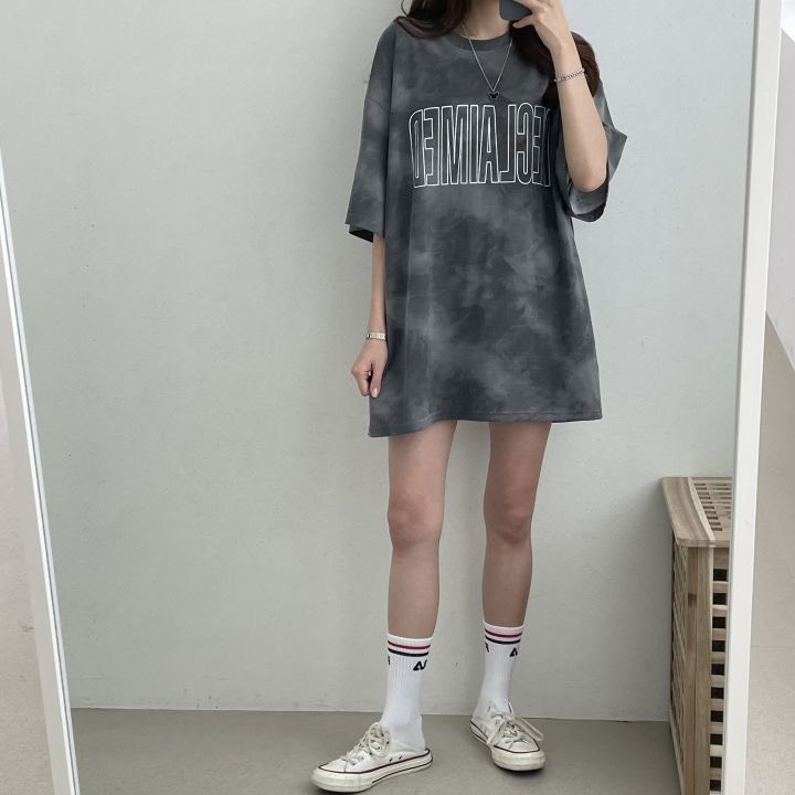 Ao thun tay lỡ form rộng dàng dài trùm mông loang xám cực chất