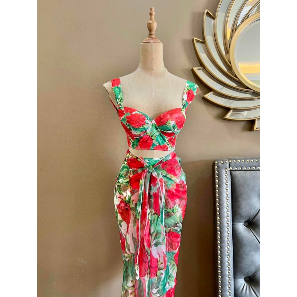 Bikini set 3 món# Đồ bơi đi biển hoa hồng đỏ kèm khăn mẫu mới BM-120
