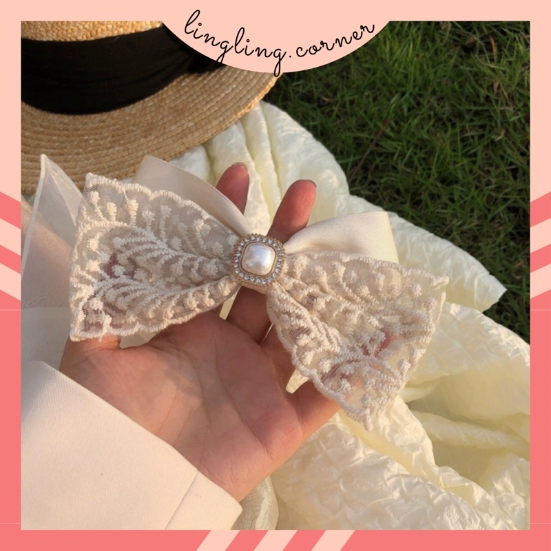 Kẹp tóc nơ ren trắng bản lớn tiểu thư