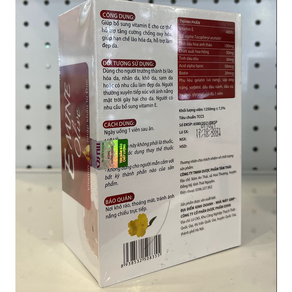 Viên uống Emine Olive  Vitamin E tinh dầu hoa anh thảo trắng da, chống oxy hóa, lão hóa da hộp 30 viên