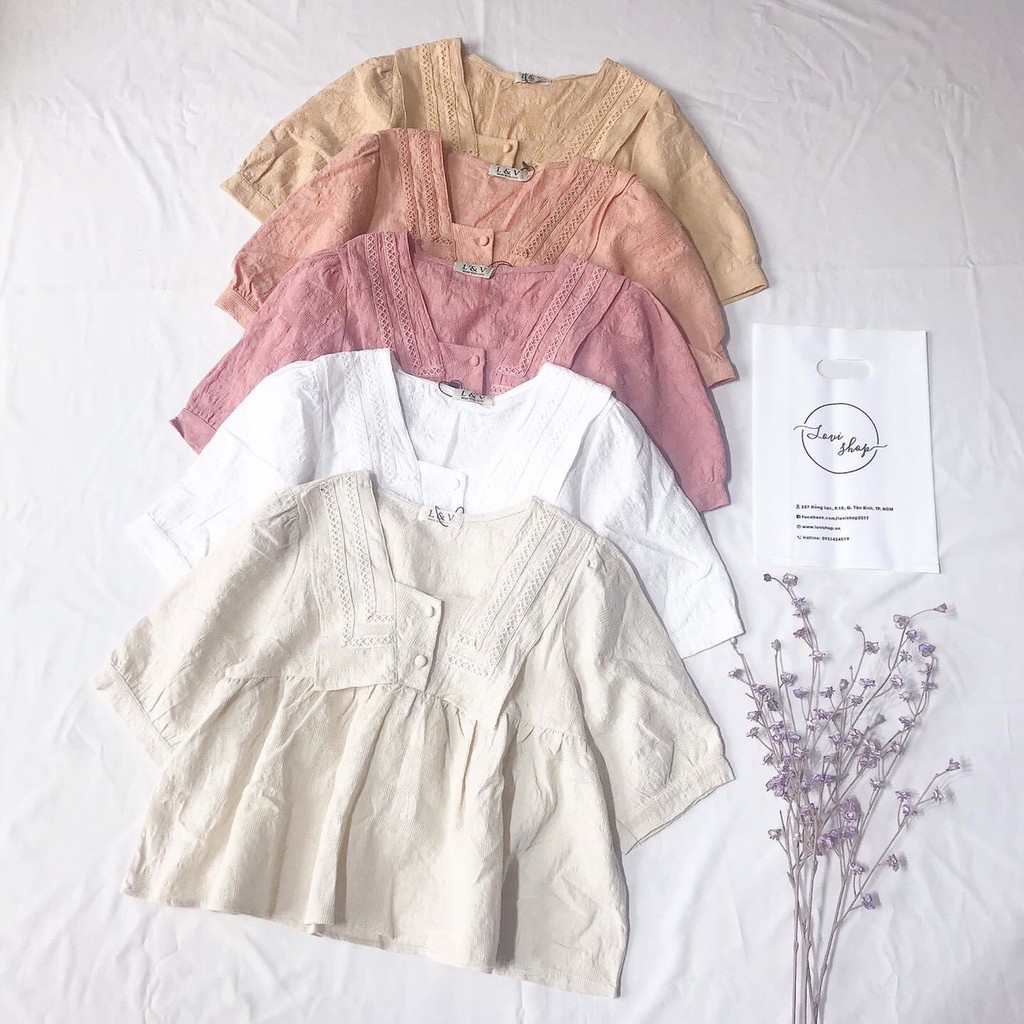 Áo babydoll xô viền 3 nút bọc Áo xô thêu Lovi