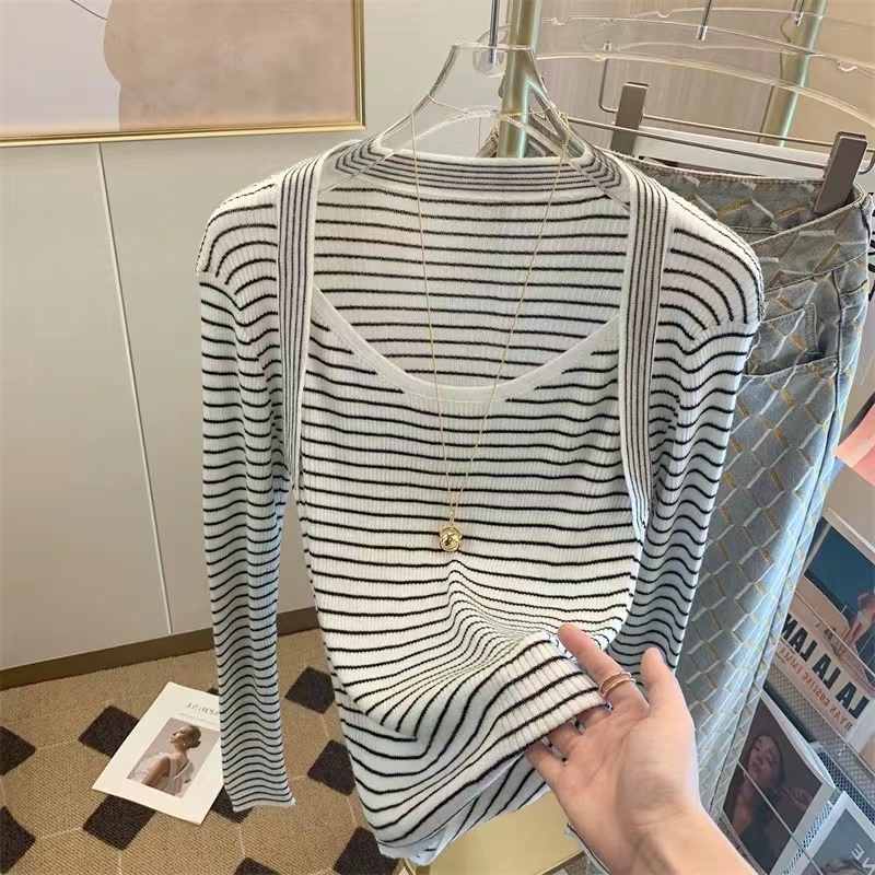 SUXI Áo Sweater Dệt Kim Tay Dài Dáng Ôm Kẻ Sọc Kiểu Vintage Thời Trang Mùa Thu Cho Nữ