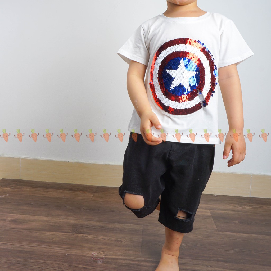 Set bé trai áo thun cotton đính kim sa Captain kèm quần kaki, bộ đồ cộc tay cho bé đi học đi chơi mùa hè BBT2102