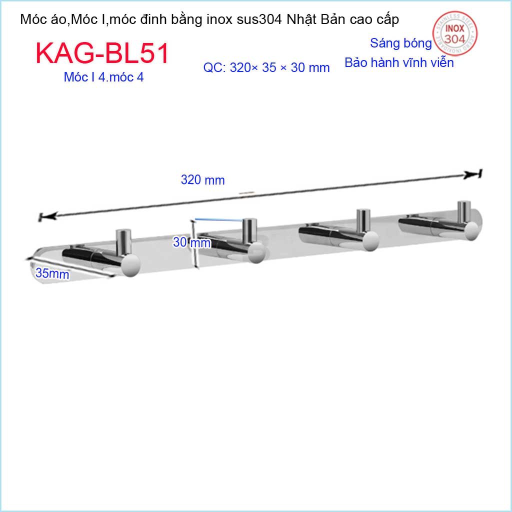 Móc treo đồ phòng tắm, Phụ kiện phòng tắm cao cấp Kace, Móc I4 treo đồ inox 304 Nhật Bản KAG-BL51